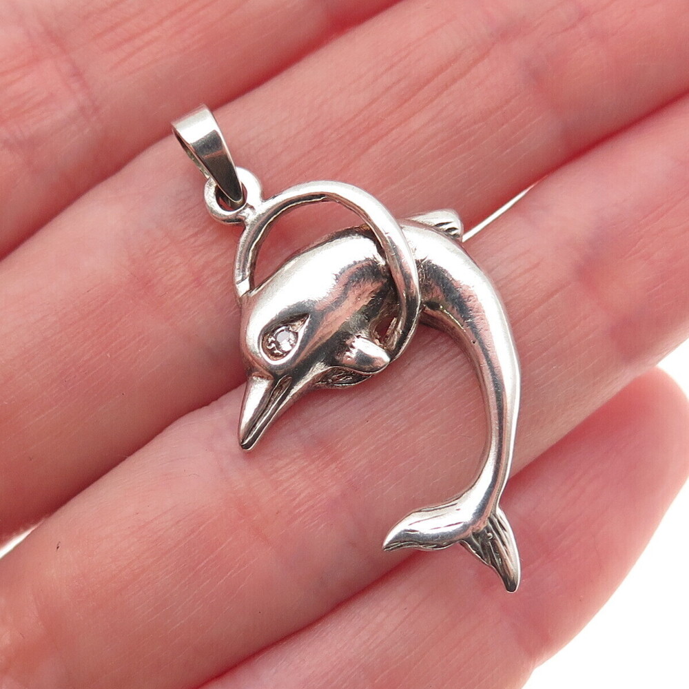 925 Sterling Silver Vintage Round-Cut C Z Dolphin Oxidized Charm Pendant